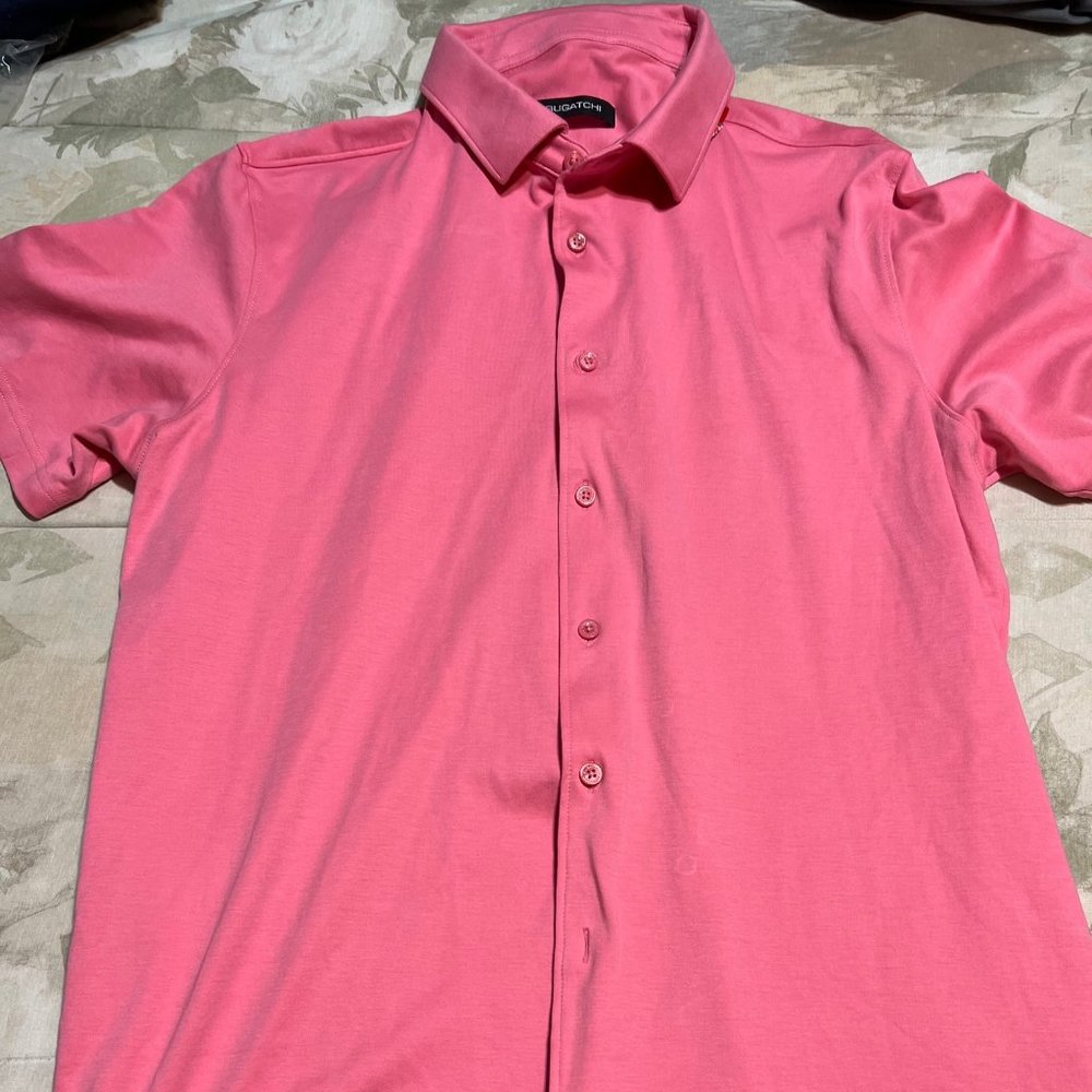 Bugatchi Mens Pink Color Short Sleeve Designer Shirt (L)